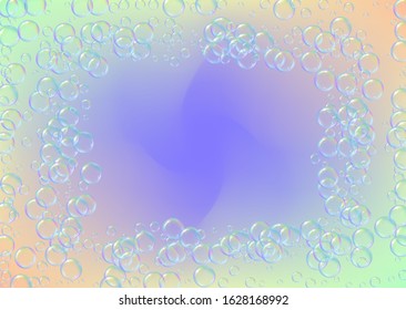 Bubble foam. Detergent and shampoo suds for bath. Soap. 3d vector illustration poster. Minimal spray and splash. Realistic water frame and border. Rainbow colorful liquid bubble foam.