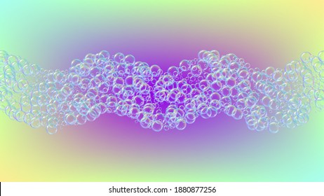 Bubble foam. Detergent and shampoo suds for bath. Soap. Stylish spray and splash. Realistic water frame and border. 3d vector illustration design. Rainbow colorful liquid bubble foam.