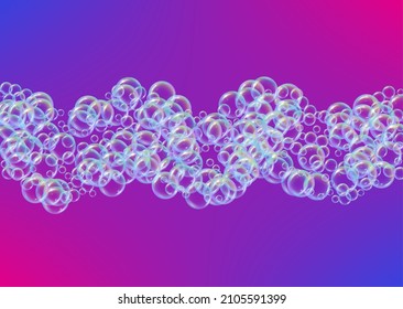 Bubble foam. Detergent and shampoo suds for bath. Soap. 3d vector illustration concept. Aqua fizz and splash. Realistic water frame and border. Blue colorful liquid bubble foam.