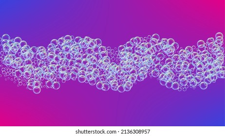 Bubble foam. Detergent and shampoo suds for bath. Soap. Aqua 3d vector illustration banner. Blue fizz and splash. Realistic water frame and border. colorful liquid bubble foam.