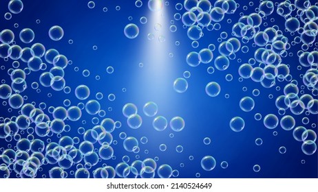 Espuma de burbujas. Sueros detergentes y champú para el baño. Jabón. Banner de ilustración vectorial 3d. Película de arcoiris azul y salpicaduras. Marco hídrico y frontera realistas. espuma colorida de burbuja líquida.