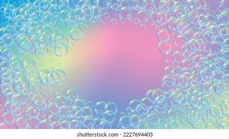 Bubble foam. Detergent and shampoo suds for bath. Soap. Trendy spray and splash. Realistic water frame and border. 3d vector illustration poster. Rainbow colorful liquid bubble foam.