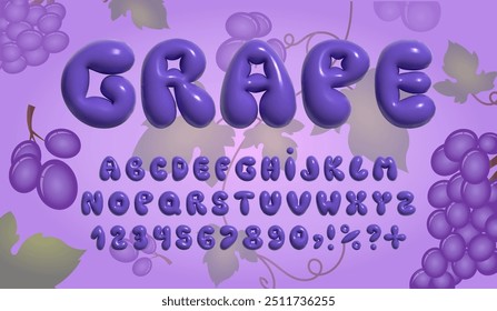 Bubble font. 3d bouncy succulent font in purple color, on background with grapes. Bright tasty English alphabet in trendy style 2000s or y2k