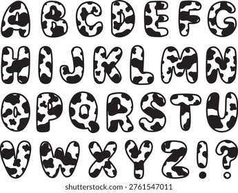 bubble font cow pattern cute alphabet animal print lettering playful typography kids design birthday party decoration apparel graphic