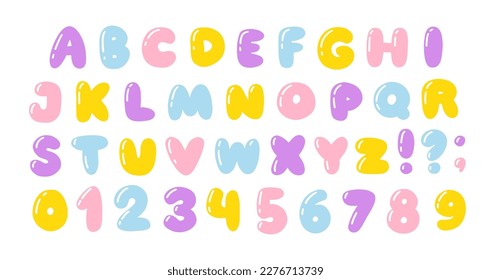 Bubble font and numbers. Cartoon childish hand drawn alphabet. Soft puffy letters with glare in pastel candy colors. Vector isolate on a white background in the style of the 00s