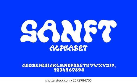 Bubble font. Typescript with liquid effect. Y2K alphabet. Wavy groovy letters and numbers. Curvy hand drawn typeface with soft forms. Modern rounded ABC font