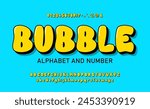 Bubble font with upper and lower case letters, numbers and symbols. Cute airy yellow glossy cartoon alphabet. Funny Typeset in 3d Y2k style. Vector bubble gum alphabet. 