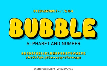 Fuente de burbuja con letras en mayúscula y minúscula, números y símbolos. Alfabeto de dibujos animados brillante amarillo aireado lindo. Divertido juego de tipos en estilo 3d Y2k. Alfabeto de chicle de Vector. 