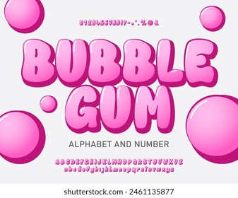 Bubble font with upper and lower case letters, numbers and symbols. Cute airy pink glossy cartoon alphabet. Funny Typeset in 3d Y2k style. Vector bubble gum alphabet. 