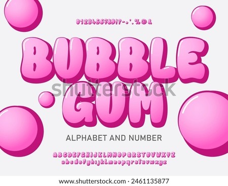 Bubble font with upper and lower case letters, numbers and symbols. Cute airy pink glossy cartoon alphabet. Funny Typeset in 3d Y2k style. Vector bubble gum alphabet. 