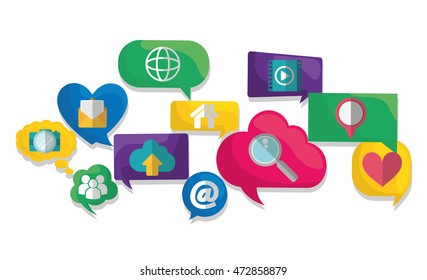 bubble global lupe heart cloud camera social network communication media con. Colorful and flat design. Vector illustration