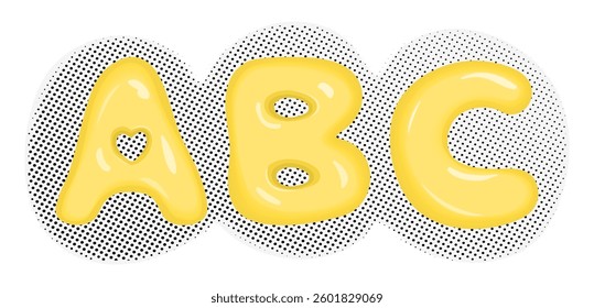Bubble glossy 3 letters ABC in English, vector 3D yellow font on dotted halftone background. Print for teachers, journalists, students, writers, schoolchildren