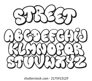 Bubble Graffiti Font. Inflated Letters, Street Art Alphabet Symbols With Grunge Sprayed Texture And Urban Graffitis Designer Vector Set. Black English Abc Outline Aerosol Paint Effect