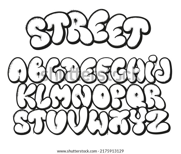 Bubble\
graffiti font. Inflated letters, street art alphabet symbols with\
grunge sprayed texture and urban graffitis designer vector set.\
Black English abc outline aerosol paint\
effect