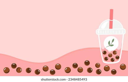 Bubble green tea cup icon sign on pink wave background vector illustration. Fruit flavors.