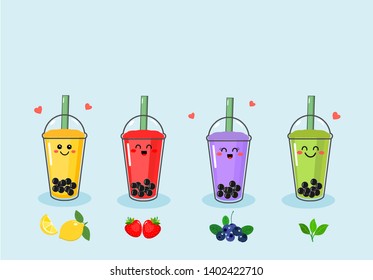 Bubble green tea Set with fruit. strawberry, lemon, orange. blueberry isolated on white background.