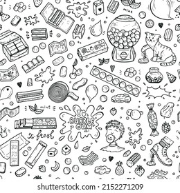 Bubble Gum 90s Black and White Retro Background. Hand Drawn Doodle Chewing Gums Seamless pattern. Vector illustration