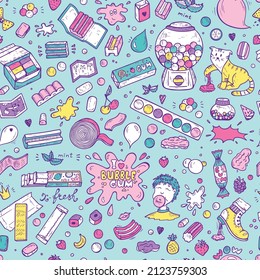 Bubble Gum 90s Colorful background. Hand Drawn Doodle Chewing Gums Seamless pattern. Bright Retro Colors Vector illustration