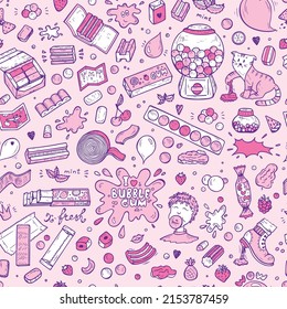 Bubble Gum 90s Pink Retro Background. Hand Drawn Doodle Chewing Gums Seamless pattern. Vector illustration