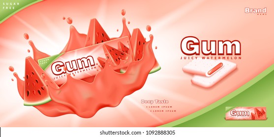 Bubble gum ads template. Commercial banner with juicy watermelon gum. Realistic vector illustration.