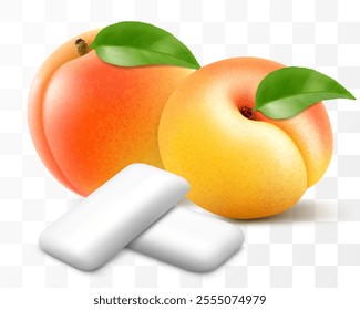 Bubble gum with an apricot or peach flavor. Pads of bubble gum spearmint for fresh breathing. Chewing gums for healthy teeth and dental hygiene. Refreshing candy. Realistic 3D vector illustration