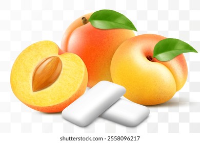 Bubble gum with an apricot or peach flavor. Pads of bubble gum spearmint for fresh breathing. Chewing gums for healthy teeth and dental hygiene. Refreshing candy. Realistic 3D vector illustration