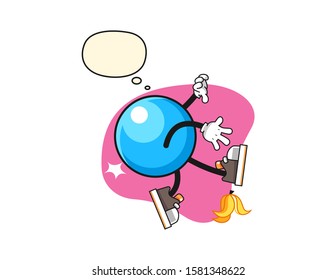 Bubble gum ball slip on banana peel with thought bubble cartoon. Mascot Character vector.