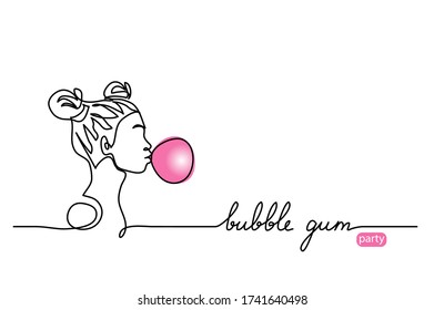 Bubble gum balloon vector sketch. Young girl, teenager with bubblegum ball, simple illustration. One continuous line drawing web banner, background, poster with lettering. Editable stroke.