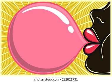 Bubble Gum Black Girl: African Girl With Red Lipstick Blowing Bubblegum Vector Illustration, Flyer Template, Poster Art, 80s Style