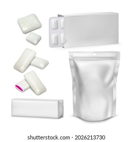 Bubble Gum Blank Packaging Collection Set Vector. Sugar-free Spearmint Chewing Bubble Gum With Jam Glossy Pouch, Blister And Package. Eatery Teeth Care Rubber Mockup Realistic 3d Illustrations