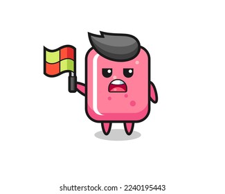 bubble gum character as line judge putting the flag up , cute style design for t shirt, sticker, logo element