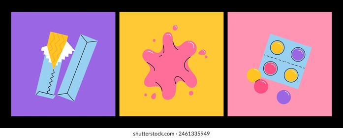 Bubble gum chewing candy, colorful sweet snack in pack for children isolated set on white background. Vector illustration of bubblegum sugar desserts with different shape and flavor