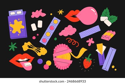 Bubble gum chewing candy, colorful sweet snack in pack for children isolated set on white background. Vintage Vector illustration of bubblegum sugar desserts with different shape and flavor