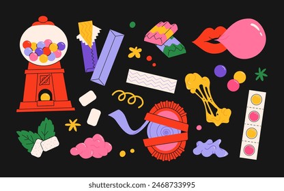 Dulces de mascar de chicle, colorido bocadillo dulce en paquete para niños aislados sobre fondo blanco. Antiguas Ilustración vectorial de postres de azúcar de chicle con diferentes formas y sabores