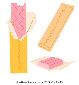 Goma de burbuja. Caramelos de mascar, postres de azúcar, mermelada. Tentempiés dulces a empacar para los niños. Tiras y dragas dulces. Ilustraciones vectoriales aisladas en el fondo blanco 