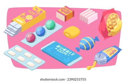 Goma de burbuja. Los dulces de color y la goma redonda exquisita vectorial deliciosa comida chatarra para los niños