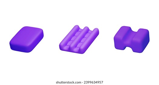 Bubble gum corrugated plates of bright purple color, set of realistic render vector illustrations isolated on white background. Bubble chewing gum mockups set.