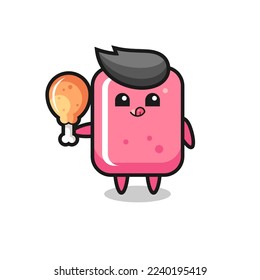 bubble gum cute mascot is eating a fried chicken , cute style design for t shirt, sticker, logo element