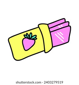 Bubble Gum doodle element. Strawberry chewing gum 1990 retro colored illustration. 90s 00s style hand drawn vector illustration