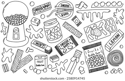 Bubble gum doodle vector set. Hand drawn kinds of bubble gum sketch set. Chewing pads with mint, bubblegum roll, balls, pillows and sticks.