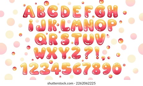 Bubble Gum font with alphabet letters and numbers. Vector cartoon decorative illustration for design.