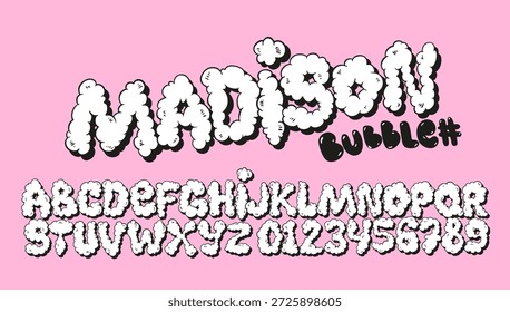 Diseño de fuente de goma de mascar. Conjunto de alfabeto de burbuja de graffiti. Dibujado a mano letras y números de globo. Tipografía de Vector funky.