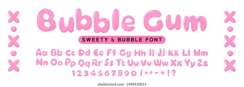 Bubble Gum font in the shape of letters of the English alphabet. Pink bubbles typeface y2k, hand drawn, retro. Full set letters and numbers.