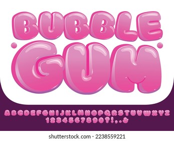 Tipo de letra de goma de burbujas. Letras de color rosa dulce, números de dulces de lollipop y graciosas burbujas de alfabeto muestran un conjunto de tipos de vector de letras y una ilustración de diseño de abc