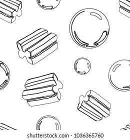 Bubble gum hand drawn seamless pattern with burst. Sweet candy background. Vector illustration