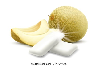 Bubble gum with honeydew melon flavor. Chewing pads with fresh melon friut isolated on white background. Realistic 3d Vector illustration.