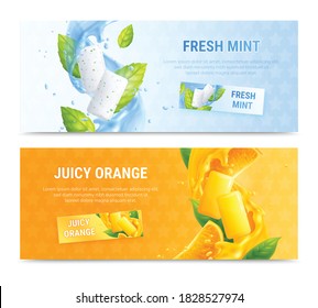 Bubble gum horizontal banner realistic set with mint and orange tastes isolated vector illustration