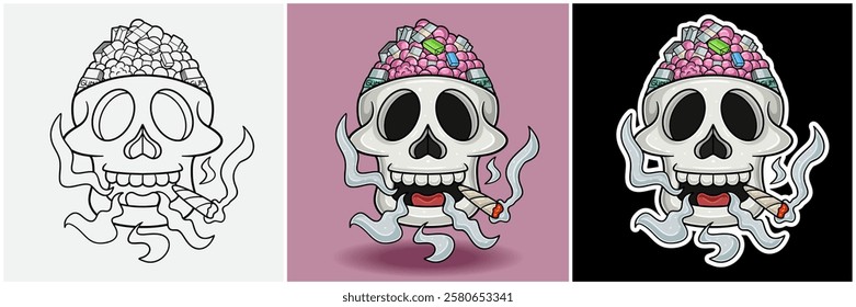 Bubble Gum Inside Skull Head With Smoking Character Cartoon. Black White, Colorful and Sticker Style. For T shirt print, Brand Logo, Label and Mascot product. Vectors Illustrations