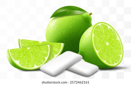 Bubble gum with an lime flavor. Pads of bubble gum spearmint for fresh breathing. Chewing gums for healthy teeth and dental hygiene. Refreshing candy. Realistic 3D vector illustration