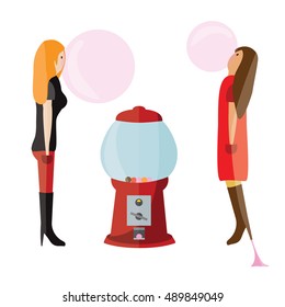 bubble gum machine, stretched gum on a high heels and woman is flying with a gum illustration isolated in a white background